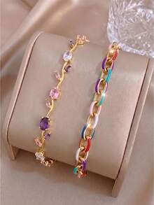 2pcsGold‑Tone Stainless Steel Bracelet, French‑Style Luxe White Enamel Curb Chain Design, Elevate Your Elegant Look - Gold - View 4