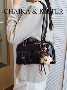 CHAIKA & KILTER 1件裝 素色亮面PU布料女款時尚單肩包 多口袋大容量波士頓保齡球包 拉鍊開合 適合日常與街頭使用（附吊飾） - 黑色 - 查看 7