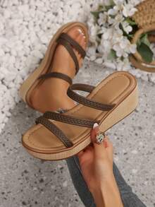 Spring/Summer New Vintage Classic Wedge Heel Thick Sole Sandals For Women, Casual Comfortable Open Toe Outdoor Wear - Coffee - View 1