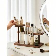 1pc Vintage Wooden Desktop Perfume & Cosmetics Storage Rack, Retro Solid Wood Makeup Organizer, Multi-Tier Display Shelf, Skincare Products Storage Rack, Suitable For All Seasons - Brown - View 10