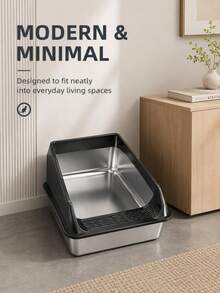 1pc Large Capacity High-Wall Thickened Semi-Enclosed Open-Entry Anti-Splash Anti-Tracking Cat Litter Box, Stainless Steel Inner Basin With Plastic Guard, Minimalist Modern Cream White And Silver Metal Base, Rectangular Rounded Corner High-Side Structure, Front Sand-Catching Pedal, Fine Sifting Holes, Stable Base, Smooth Inner Walls, Wear-Resistant Durable Rust-Proof Easy-Clean Detachable Washable, Reduces Litter Scatter And Tracking, Easy Access Large Space Cat Toilet - Multicolor - View 6