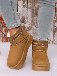 Women's Solid Color Faux Suede Thick Sole Short Snow Boots, Geometric Embroidered Collar With Contrast Stitching Detail - Khaki - View 5