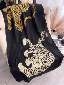 1pc Street Style Leopard Print Striped Plaid Fleece Warm Brown Shawl Scarf, Coffee Color Shawl - Black - View 4
