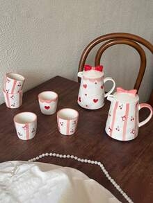 1 Set 1 Tetera 4 Tazas Juego de Té de Cerámica Resistente al Calor, Estilo Coreano Ins Lindo Pintado a Mano con Lazo | Juego de Té de Cereza, Adecuado para Tetera de Té de Flores, Hervidor de Agua de Té, Tetera de Infusión de Té, Juego de Preparación de Té, Reuniones de Fiesta, Todas las Estaciones - Multicolor - Ver 8