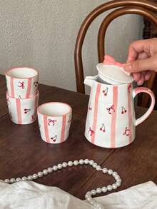 1 Set 1 Tetera 4 Tazas Juego de Té de Cerámica Resistente al Calor, Estilo Coreano Ins Lindo Pintado a Mano con Lazo | Juego de Té de Cereza, Adecuado para Tetera de Té de Flores, Hervidor de Agua de Té, Tetera de Infusión de Té, Juego de Preparación de Té, Reuniones de Fiesta, Todas las Estaciones - Multicolor - Ver 6