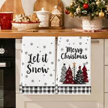 2pcs Christmas Tree & Funny Gnome Pattern Cleaning Cloths, 18x26in Absorbent Fluffy Towel Set, Soft Quick-Dry Kitchen Towels, Suitable For Bathroom, Living Room, Kitchen Home Decor, Christmas Decoration, Christmas Gift For Friends And Family - Black and White - View 1