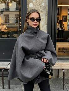 DEEKA Autumn/Winter New Women's European And American Style Fashion Minimalist High Neck Belted Cape Coat - Dark Grey - View 1