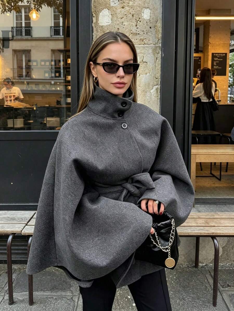 DEEKA Autumn/Winter New Women's European And American Style Fashion Minimalist High Neck Belted Cape Coat - Dark Grey - View 1