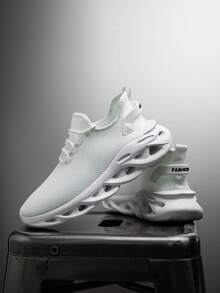 Men's White Knit Mesh Lace-Up Sneakers, Cable Knit Texture Thick Sole Invisible Height Increase, Youth Street Style Versatile Casual Running Shoes - White - View 5