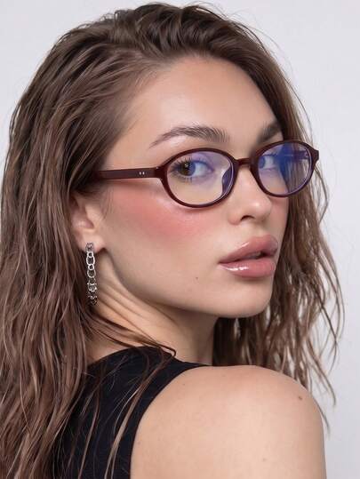 1 Pair Women's Oval Small Frame Personalized Rivet Minimalist Decorative Clear Lens Glasses