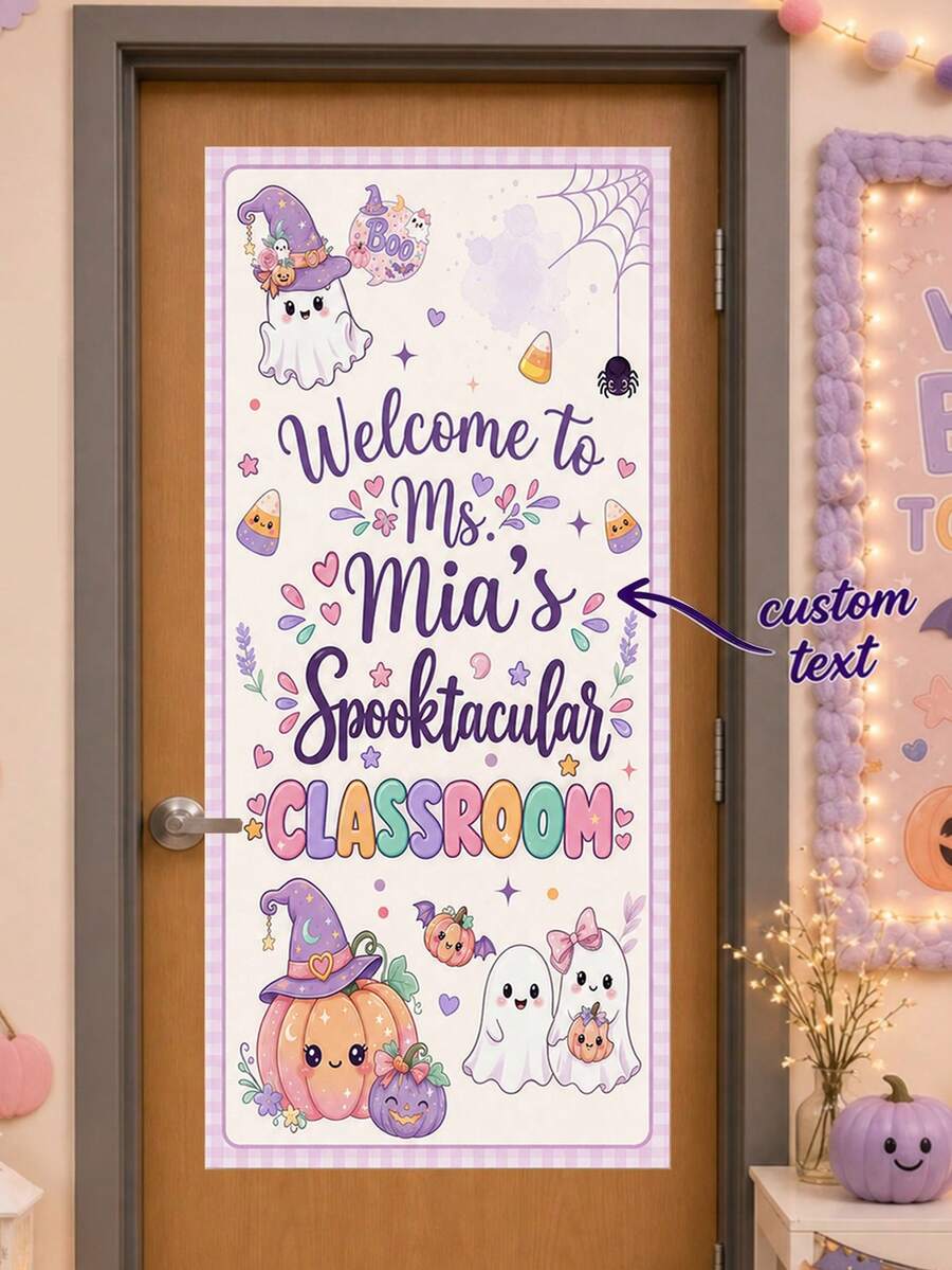 Custom Teacher Name Halloween Classroom Door Banner, Personalized Welcome Sign With Ghost, Pumpkin And Witch Hat Artwork, Spooktacular School Entrance Decor For Preschool, Kindergarten And Elementary Teachers, Fall Classroom Display And Teacher Gift. - Multicolor - View 1