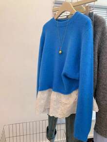 Women's Knitted Round Neck Pullover Sweater Top, Long Regular Sleeve, Medium Elasticity, Autumn Daily Wear - Blue - View 9