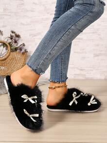 Bowknot Plush Closed-Toe Slippers, New Autumn/Winter Home Warm Cute Fuzzy Slippers For Indoor And Outdoor Wear - Black - View 6