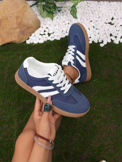 Women's Retro Striped Lace-Up Sneakers, Rubber Sole, Casual Skateboard Shoes, Daily Walking Flat Shoes