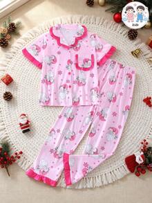2pcs/Set Christmas Children's Short Sleeve Pajama Set, Flame Retardant Fabric, Cartoon Santa Claus Print Pattern, Ruffle Design On Cuffs, Hem And Pockets, Lapel Short Sleeve Cardigan And Long Pants Set, Suitable For All Seasons, Comfortable And Loose For Home Wear, Girls Middle And Big Tween Girl - Pink - View 3