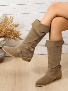 Autumn New European & American Style Mid-Heel Pointed Toe Knight Boots Women Plus Size Chunky Heel Side Zipper Tall Boots Fold-Over Women's Boots 2-In-1 Wear - Brown - View 3