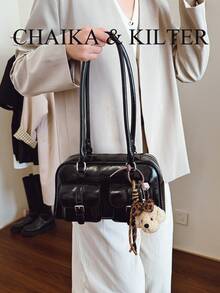 CHAIKA & KILTER 1件裝 素色亮面PU布料女款時尚單肩包 多口袋大容量波士頓保齡球包 拉鍊開合 適合日常與街頭使用（附吊飾） - 黑色 - 查看 5