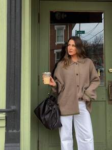 Senya 2026 Women's Ribbed Knit Cardigan, Grey-Brown Lapel Button Sweater, Loose Oversized Long Sleeve Contrast Trim Casual Autumn/Winter Top - Camel - View 8