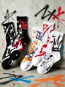 5 Pairs Men's Graffiti Splatter Mid-Calf Socks, Personalized Street Style Colorblock Print Design, Niche Fashion Versatile Socks - Multicolor - View 6