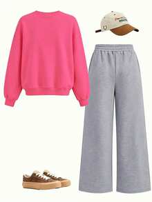 2pcs/Set Crew Neck Sweatshirt And Wide Leg Pants Outfit For Girls, Pink Bow Pattern Crew Neck Sweatshirt + Wide Leg Pants Matching Set, Suitable For Autumn/Winter Daily Wear - Multicolor - View 3