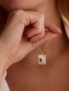 Personalized Photo Necklace, Customized Square Photo Pendant, Engraved Back, Pet Memorial Gift - Multicolor - View 7