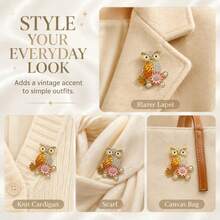 Retro Enamel Owl Lapel Pin, Rhinestone Pearl Flower Inlaid Animal Brooch, Two‑Tone Elegant Accessory For Women Daily Outfit - Multicolor - View 7