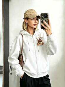 Personalized Custom Women's Autumn/Winter Hooded Jacket, Customizable Text, Images, LOGO And Photos (Family/Landscape/Pet/Friend/Pattern), Suitable For Party And Halloween/Valentine's Day/Christmas/Holiday Gifts, Design Your Own Apparel, Give Her A Unique Gift - White - View 3