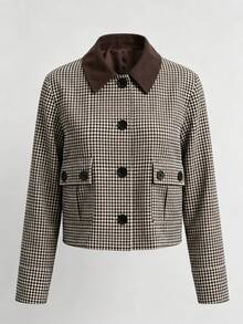 Double-Layer Lined Vintage Houndstooth Short Jacket For Women, Contrast Color Leather Lapel Single-Breasted Large Pocket Petite Jacket, Contrast Collar And Double-Button Design, Long Sleeve Fashion Outerwear - Multicolor - View 6