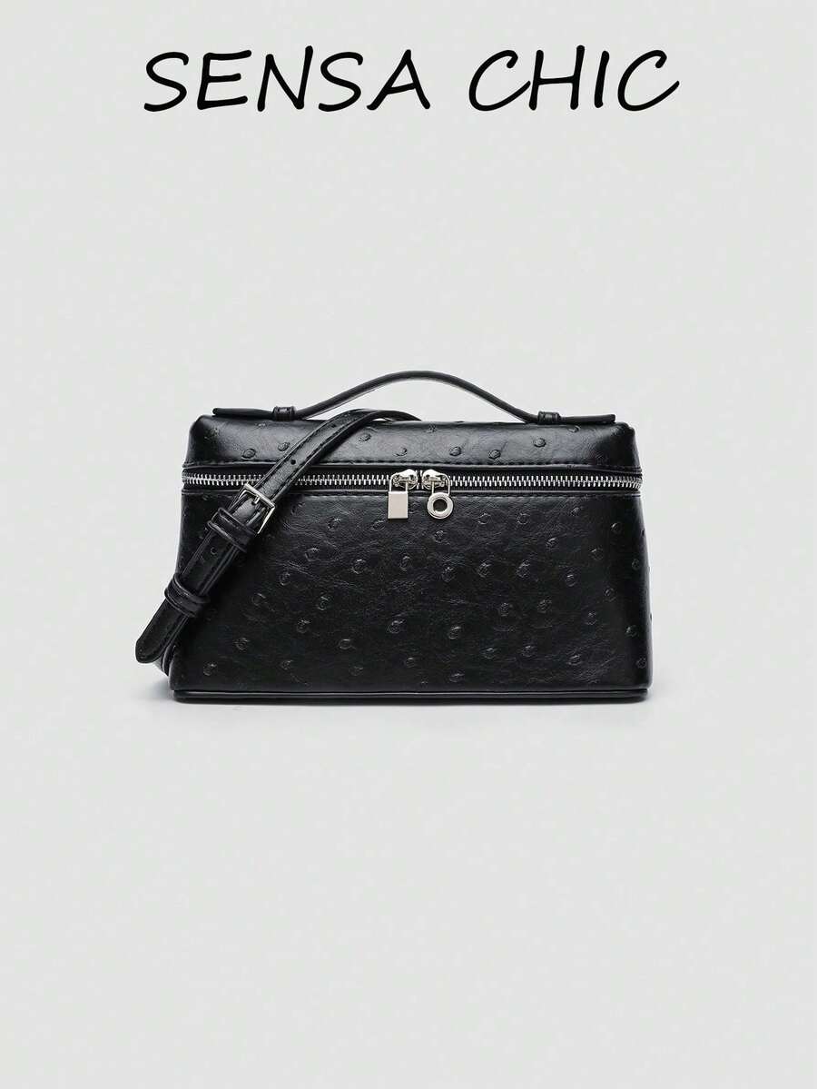 Handbag With Dotted Embossed Texture Decor, Handheld & Crossbody Dual-Use Storage For Lipstick, Makeup And Personal Items, Zipper Closure, Minimalist Luxury Style, Small Square Box Bag, Women's Daily Commute, Dating And Travel - Black - View 1