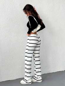 Xana Street-Style Ribbed Wide-Leg Pants With Drawstring; Women's Autumn/Winter Trousers; Women's Business-Casual Straight-Leg Pants; Office Wear. - White - View 2