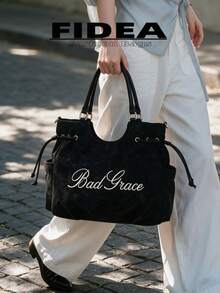 New Women's Matte Embroidered Letter PU Tote Bag, Drawstring Shoulder Large Capacity Commuter Underarm Bag, Casual Daily Work Versatile Handbag Crossbody Bag - Black - View 4