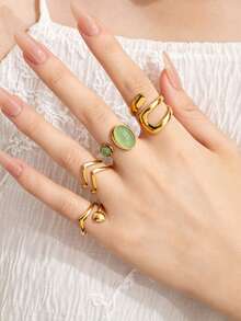 4pcs Vintage Luxury Stainless Steel Gold Ring Set, Inlaid With Light Green Gemstone, Geometric Open Design, Suitable For Women's Daily Wear, Dating, Holiday, Halloween, Saudi National Day - Gold - View 1