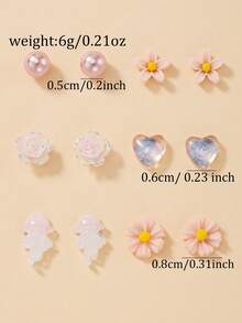 6 Pairs Cute Daily Style Women's Stud Earrings Set, Floral & Jellyfish Pattern Earrings Combination, Suitable For Casual, Outing, Dating Jewelry - Multicolor - View 5
