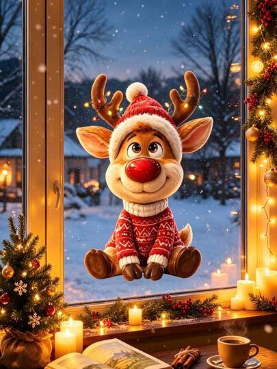 Christmas Static Window Clings, Cute Red Nose Reindeer Window Sticker, Double-Sided Visible, Christmas Decals For Bedroom Cafe Glass Decor, Christmas Decor, Christmas Decoration Christmas Holiday Party, Home, Shop Window, Holiday Party Decor