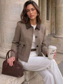 Double-Layer Lined Vintage Houndstooth Short Jacket For Women, Contrast Color Leather Lapel Single-Breasted Large Pocket Petite Jacket, Contrast Collar And Double-Button Design, Long Sleeve Fashion Outerwear - Multicolor - View 4