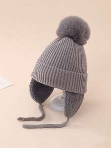 1pc Solid Color Thermal Lined Earflap Knit Hat Children Outdoor Cold-Proof Warm Woolen Cap - 1PC - View 7