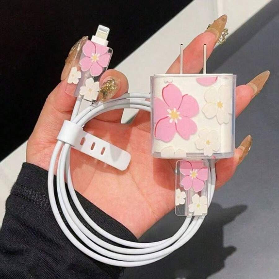 Personalized Floral Print Protective Case Compatible With Apple Data Cable, Charger Head, 13/14/15 Pro Max, Anti-Cat Bite - Pink Large Flower 18/20W 1 Head + 2 Bite Rings + 1 Strap - View 1