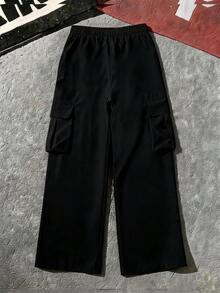 Boys And Teens, Black Hoodie And Black Cargo Pants Two Pieces Set; Creative Letter Print Pullover, Simple Casual Style Long Sleeve Long Pants Set For Boys - Black - View 8