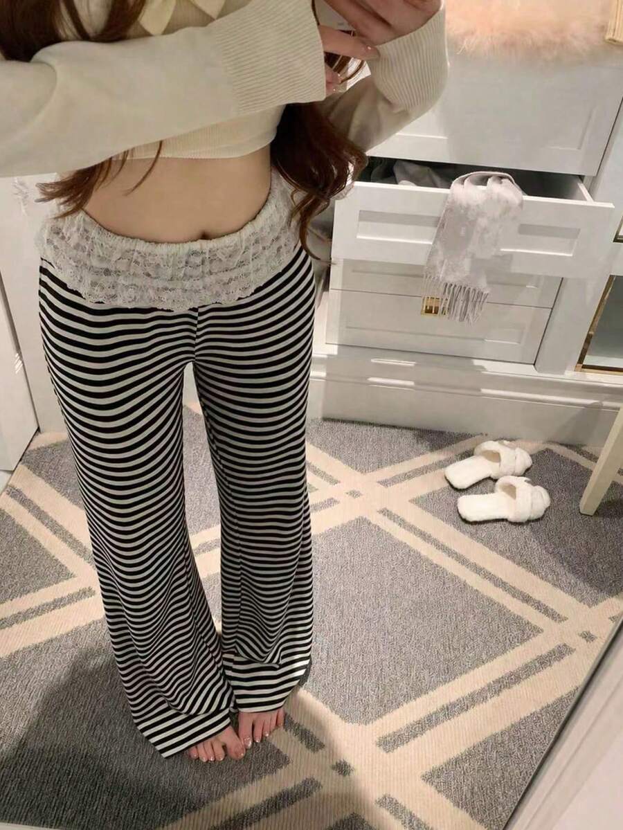 女款黑白條紋蕾絲飾邊直筒寬腿休閒長褲 新款 - 黑白條紋 - 查看 1