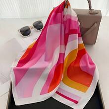 1pc Pink Multicolor Satin Square Scarf - Soft & Lightweight, Fashionable Accessory, Elegant Striped Design - Multicolor - View 3