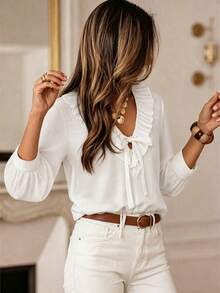 Blus Elegan Gaya Prancis Warna Polos dengan Desain Ruffle/Flounce, Serbaguna, Pakaian Kantor Kasual, Atasan Wanita Musim Semi/Gugur - Putih - View 1