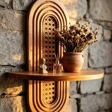 Vintage Wooden Rattan Wall Shelf Home Decor Storage Rack - Multicolor - View 4