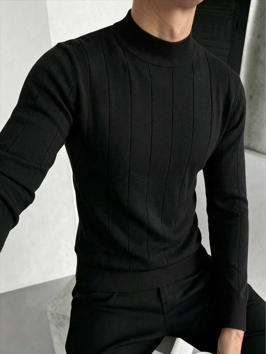 ZYNTH BALENO Men's Fashion Striped Slim Fit Regular Shoulder Mock Neck Long Sleeve Sweater, Suitable For Gym, Running, Hiking, Cycling Sports - Black - View 1
