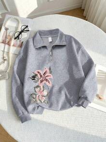 Girls Casual Fashion Versatile Half-Zip Floral Print Stand Collar Sweatshirt, Suitable For Autumn/Winter, School, Shopping And Sports - Grey - View 2
