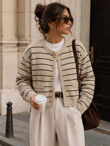 JIANHU Casual Versatile Minimalist Striped Cardigan, Autumn/Winter - Beige - View 1