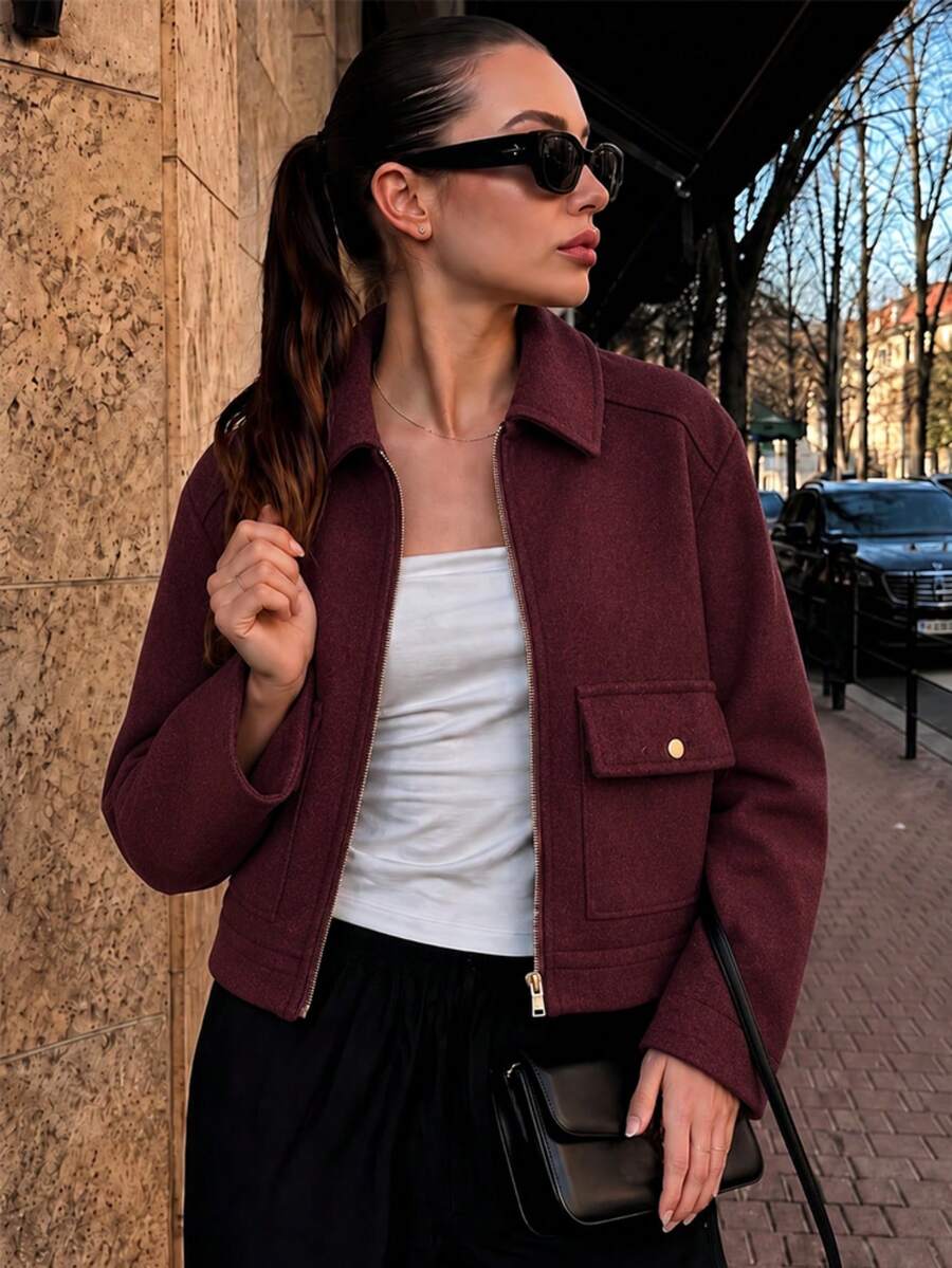 Women's Soft Jacket, New Autumn/Winter Women's Zip-Up Short Jacket, Long Sleeve Pocket Bomber Jacket Fall