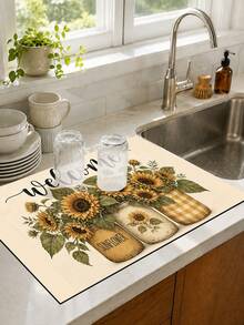 1pc Sunflower Pattern Printed Diatomaceous Earth Kitchen Dish Drying Mat, Absorbent Dish Drying Mat, Coffee Machine Mat, Dishwashing Mat, Sink Mat, Kitchen Countertop Protector, Suitable For Cups, Plates, Tableware And Kitchen Decor - Multicolor - View 5