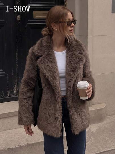 1pc Women's Premium Coffee Tone Oversized Lapel Short Jacket, Shoulder-Connected Long Sleeve Loose Fit Slimming Fleece Outerwear, Suitable For Daily Commute, Christmas, New Year's Eve, Friends Gathering And Party
