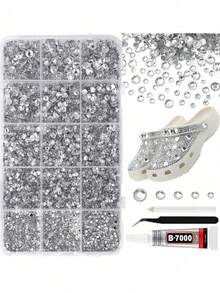 1000/12000pcs Silver Transparent 2-6mm 5 Sizes Mixed Rhinestone Set, Suitable For Handicrafts, Clothing, Shoes, Shirts, Jewelry Decoration, Shiny Flat Back Crystal Gemstones - Multicolor - View 1