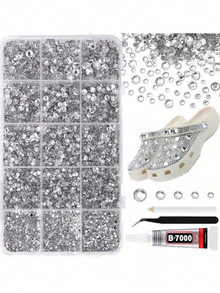 1000/12000pcs Silver Transparent 2-6mm 5 Sizes Mixed Rhinestone Set, Suitable For Handicrafts, Clothing, Shoes, Shirts, Jewelry Decoration, Shiny Flat Back Crystal Gemstones - Multicolor - View 1